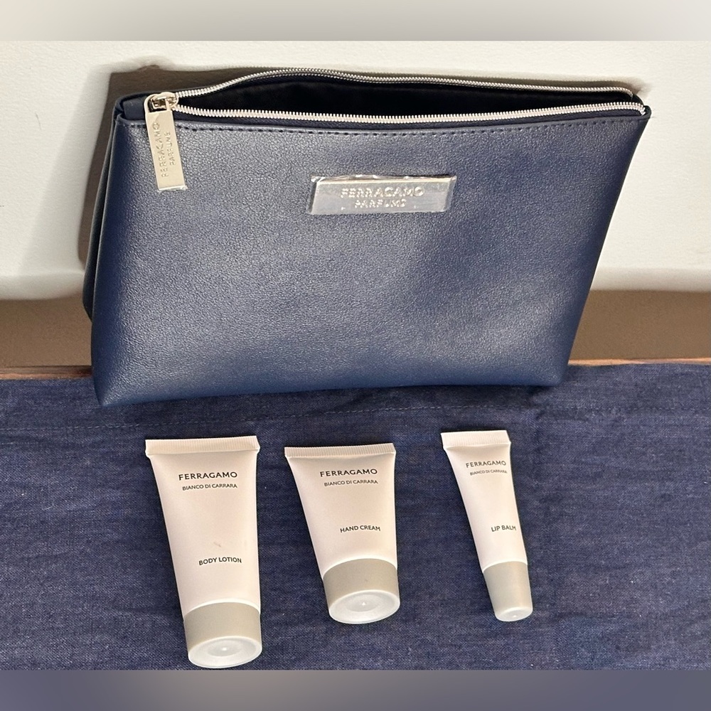 NIB Ferragamo Blue Cosmetic Bag with Skincare Set
First Class set from Air India